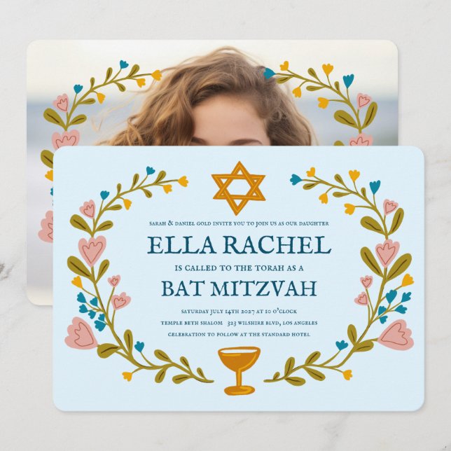 Blommigt Bat mitzvah andedräkt Hand-dragen Anpassn Inbjudningar (Fram/baksida)