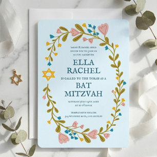 Blommigt Bat mitzvah andedräkt Hand-dragen Anpassn Inbjudningar