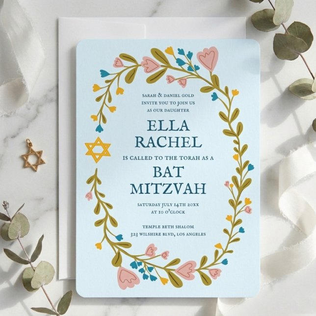 Blommigt Bat mitzvah andedräkt Hand-dragen Anpassn Inbjudningar (Floral Wreath Bat Mitzvah Hand-drawn Custom Invitation
)