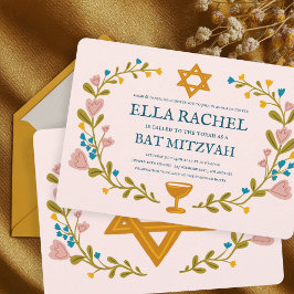 Blommigt Bat mitzvah andedräkt Hand-dragen Anpassn Inbjudningar