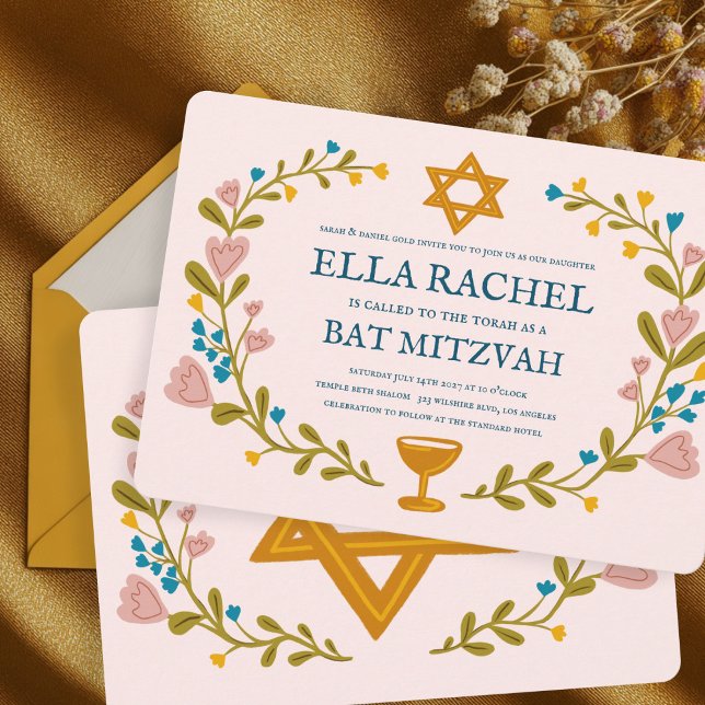 Blommigt Bat mitzvah andedräkt Hand-dragen Anpassn Inbjudningar (Floral Wreath Bat Mitzvah Hand-drawn Custom Invitation
)