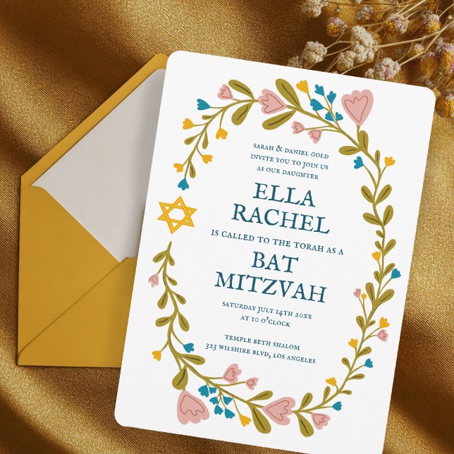 Blommigt Bat mitzvah andedräkt Hand-dragen Anpassn Inbjudningar (Floral Wreath Bat Mitzvah Hand-drawn Custom Invitation
)