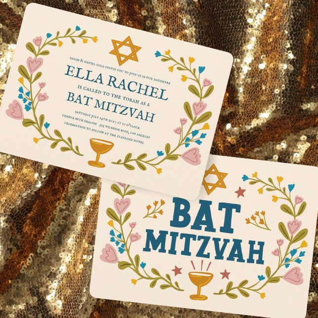 Blommigt Bat mitzvah andedräkt Hand-dragen Anpassn Inbjudningar (Floral Wreath Bat Mitzvah Hand-drawn Custom Invitation
)