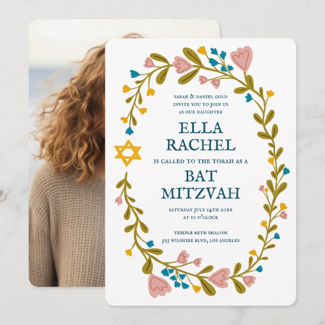 Blommigt Bat mitzvah andedräkt Hand-dragen Anpassn Inbjudningar (Fram/baksida)