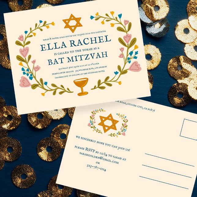 Blommigt Bat mitzvah andedräkt Hand-dragen Anpassn Vykort (Floral Wreath Bat Mitzvah Hand-drawn Custom Postcard Invitation
)