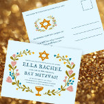 Blommigt Bat mitzvah andedräkt Hand-dragen Anpassn Vykort<br><div class="desc">Perfekt-vykort för att tillkännage ett pub mitzvah, bat mitzvah eller annat judiskt firande! Hand skapade konst åt dig! FULLT ANPASSADE! Klicka på "Anpassa" ovan om du vill redigera texten. Klicka på "Redigera med verktyg" för att justera typsnitt, färg och placeringar. OCKSÅ TILLGÄNGLIGA som platta kort eller digital nedladdning, kolla min...</div>