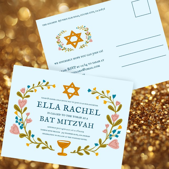Blommigt Bat mitzvah andedräkt Hand-dragen Anpassn Vykort (Floral Wreath Bat Mitzvah Hand-drawn Custom Postcard Invitation
)