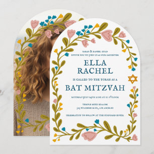 Blommigt Bat mitzvah andningsdos Hand- dragen Anpa Inbjudningar