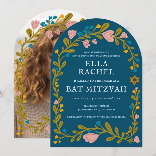 Blommigt Bat mitzvah andningsdos Hand- dragen Anpa Inbjudningar (Fram/baksida)