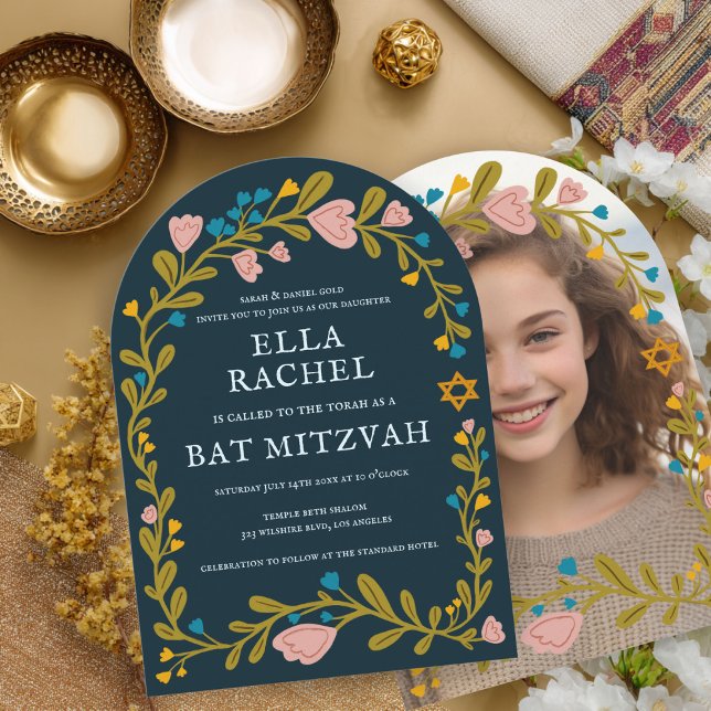 Blommigt Bat mitzvah andningsdos Hand- dragen Anpa Inbjudningar (Floral Wreath Bat Mitzvah Hand-drawn Custom PHOTO Arched Invitation
)