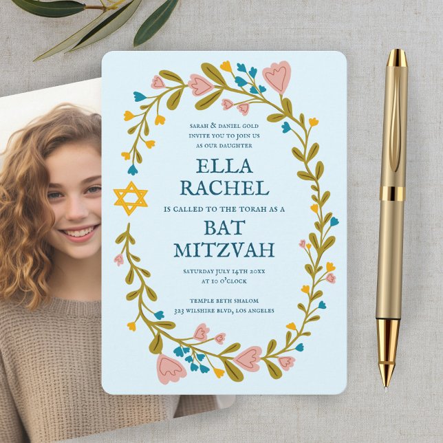 Blommigt Bat mitzvah andningsfoto Handdragen Anpas Inbjudningar (Floral Wreath Bat Mitzvah Hand-drawn Custom Photo Invitation
)