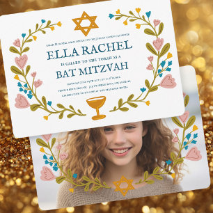 Blommigt Bat mitzvah andningsfoto Handdragen Anpas Inbjudningar