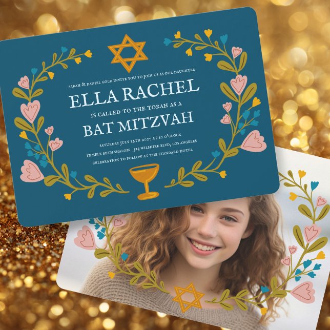 Blommigt Bat mitzvah andningsfoto Handdragen Anpas Inbjudningar (Floral Wreath Bat Mitzvah Hand-drawn Custom PHOTO Invitation
)