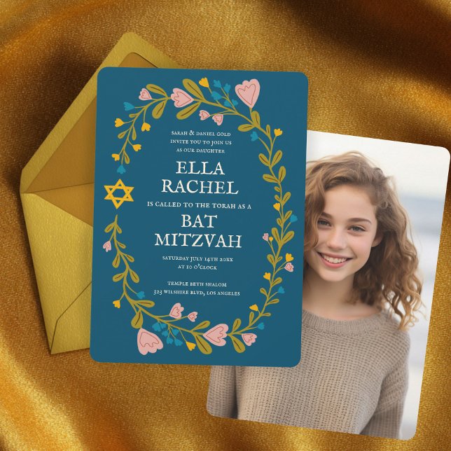 Blommigt Bat mitzvah andningsfoto Handdragen Anpas Inbjudningar (Floral Wreath Bat Mitzvah Hand-drawn Custom Photo Invitation
)