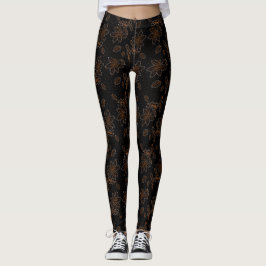 Blommigt Batik Mönster Dot Guld Black Leggings