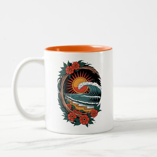 Blommigt Beach Älskare Sunset Vacation Gift Retro Två-Tonad Mugg (Vänster)
