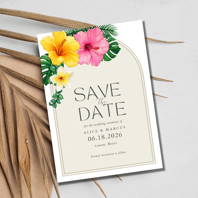 Blommigt Beach-bröllop - spara datum Meddelande Vykort (Tropical Floral Beach Wedding Save the Date Postcard)