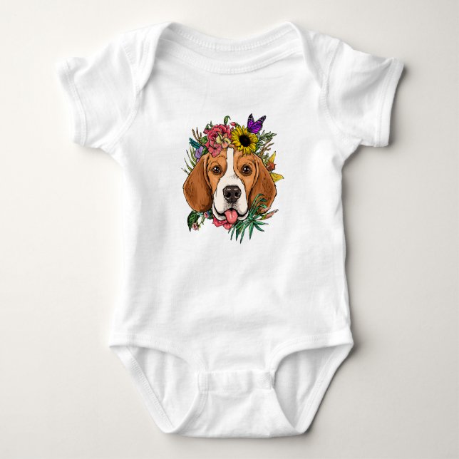 Blommigt Beagle botaniskt blomma/ Cute Beagle T Shirt (Framsida)
