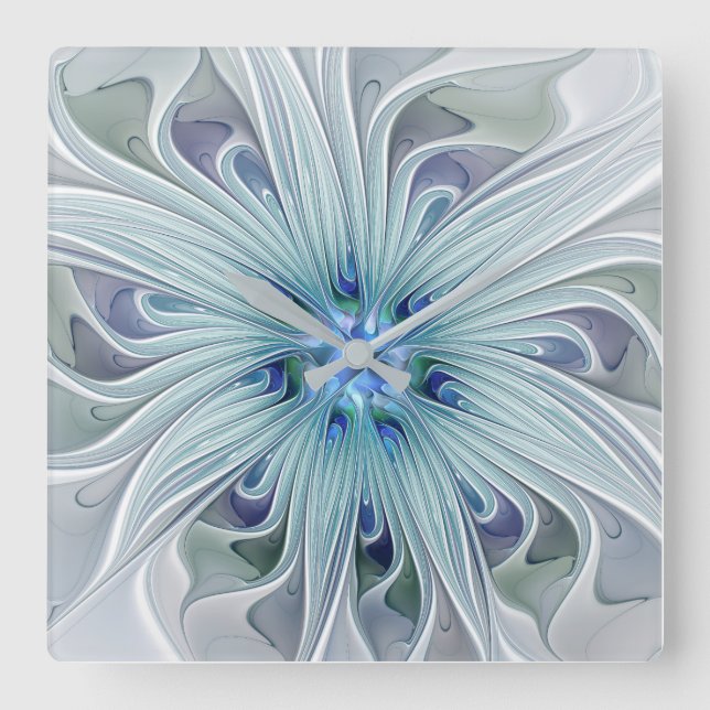 Blommigt Beauty Abstrakt Modern Blue Pastel Flower Fyrkantig Klocka (Framsida)