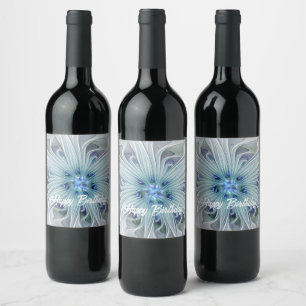 Blommigt Beauty Abstrakt Modern Blue Pastel Flower Vinflaska Etikett