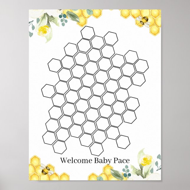 Blommigt Bee Honeycomb Baby Shower Guestbook-tecke Poster (Framsidan)