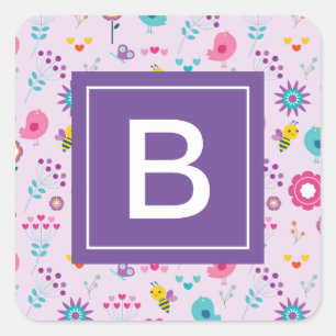 Blommigt Bee Mönster Lila Monogram Kids Fyrkantigt Klistermärke