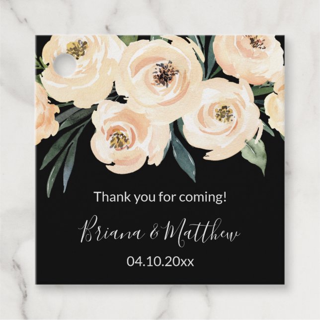 Blommigt Beige Black Wedding Favors-Märkre Gåvor Etiketter (Framsida)