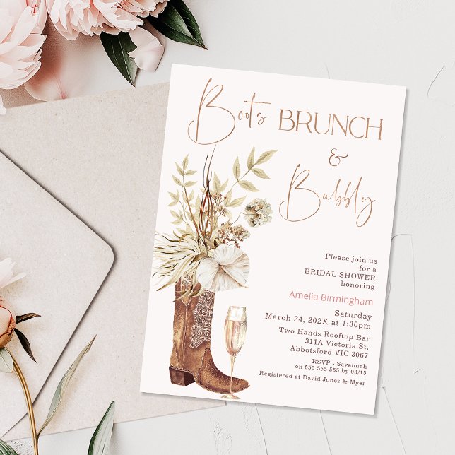 Blommigt Beige Boots Brunch BubLY Möhippa Inbjudningar (Boho Beige Boot Brunch Bridal Shower Invitation Template, Floral Cowgirl Boot Bridal Shower Invite)