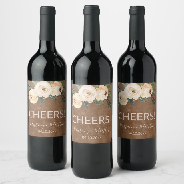 Blommigt Beige Brown Wedding Favors Vinflaska Etikett (Flaskor)