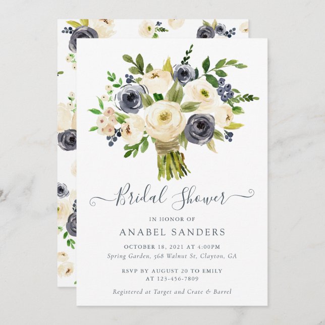 Blommigt Beige Navy Watercolor Peonies Möhippa Inbjudningar (Fram/baksida)