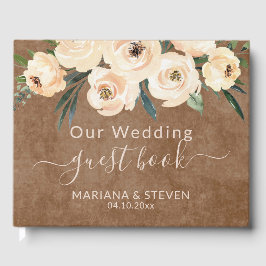 Blommigt Beige på Brown Bröllop Guest Bok