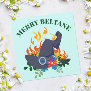 Blommigt Beltane Witch Hat & Fire Pagan Sabbat Julkort