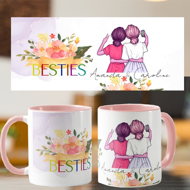 Blommigt Besties BFF Cute Illustration Best Friend Mugg (Floral Besties BFF Cute Illustration Best Friends Mug)