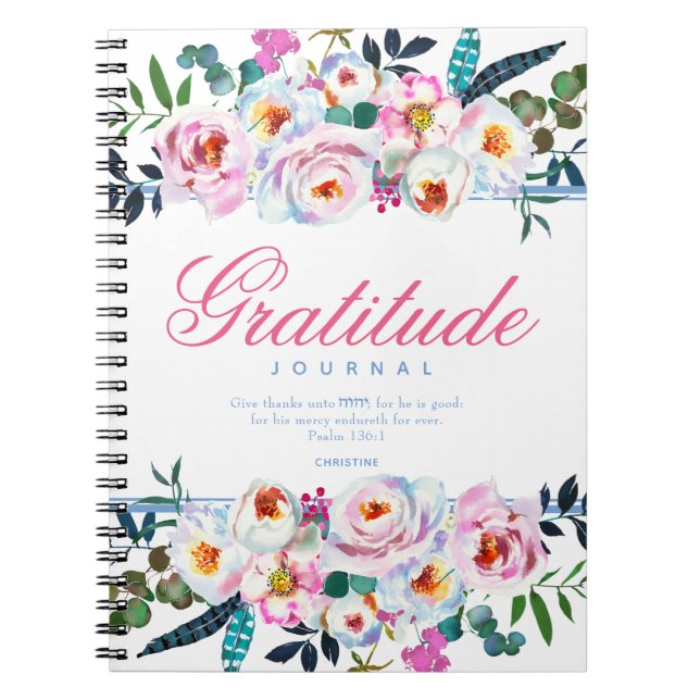 Blommigt Bible Quote Named Rosa Gratitude Journal Anteckningsbok (Framsidan)