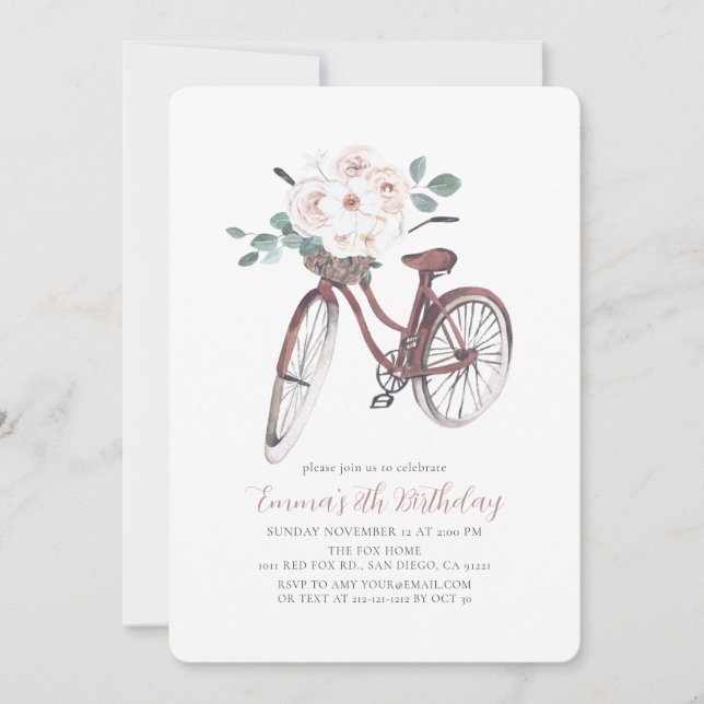 Blommigt Bicycle Girl Watercolor Birthday Inbjudningar (Framsida)