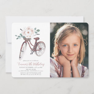Blommigt Bicycle Girl Watercolor Birthday Photo Inbjudningar