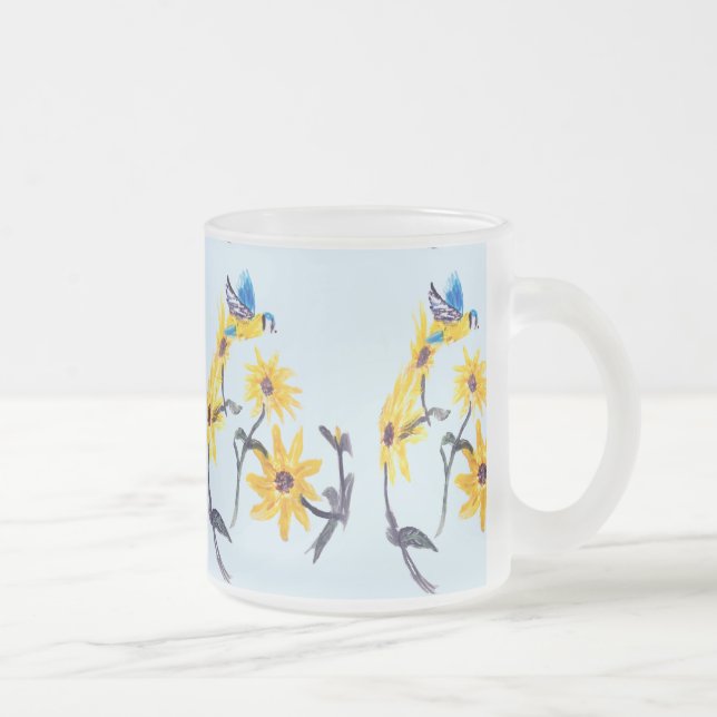 Blommigt Bird Art, Blue Tit Sunblommor Frostad Glasmugg (Höger)