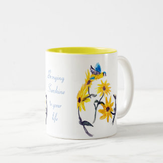 Blommigt Bird Art, Gult Solblommor Citat Två-Tonad Mugg