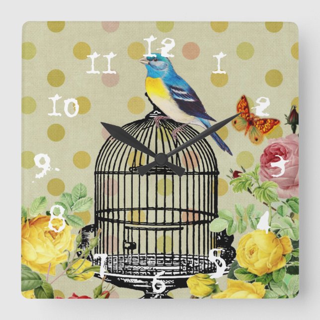 Blommigt Bird Cage Ephemera Granny Chic Fyrkantig Klocka (Framsida)