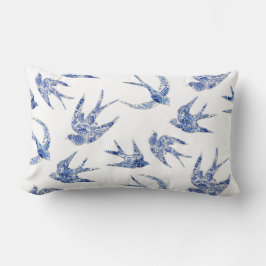 Blommigt Bird Sväljer Blue White Chinoiserie Vinta Lumbarkudde