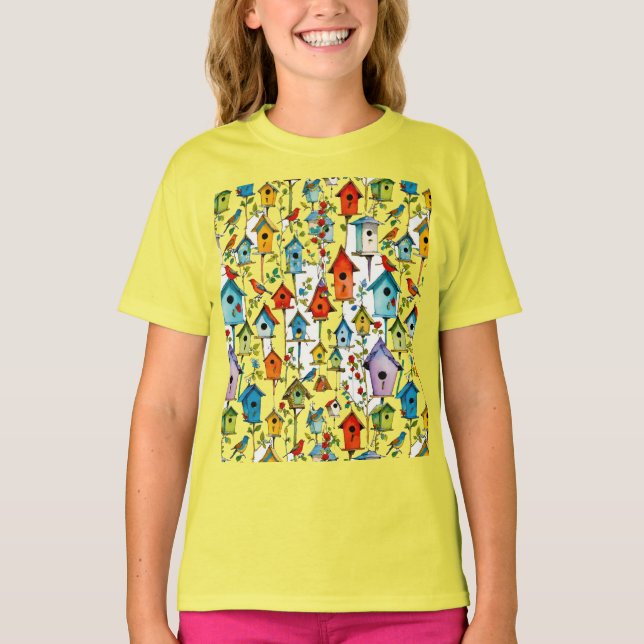 Blommigt Birdhouse T Shirt (Framsida)