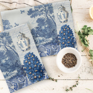 Blommigt Birds English Garden Toile Blue and White Kökshandduk
