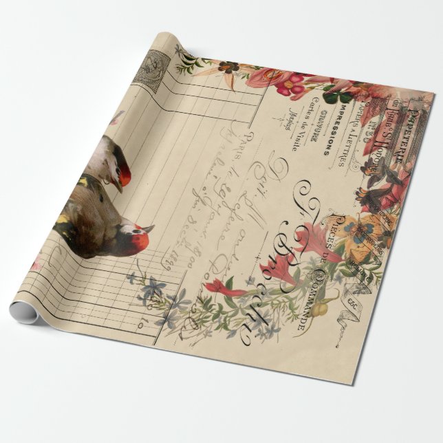 Blommigt Birds Ephemera Decoupage-papper Presentpapper (Utrullad)
