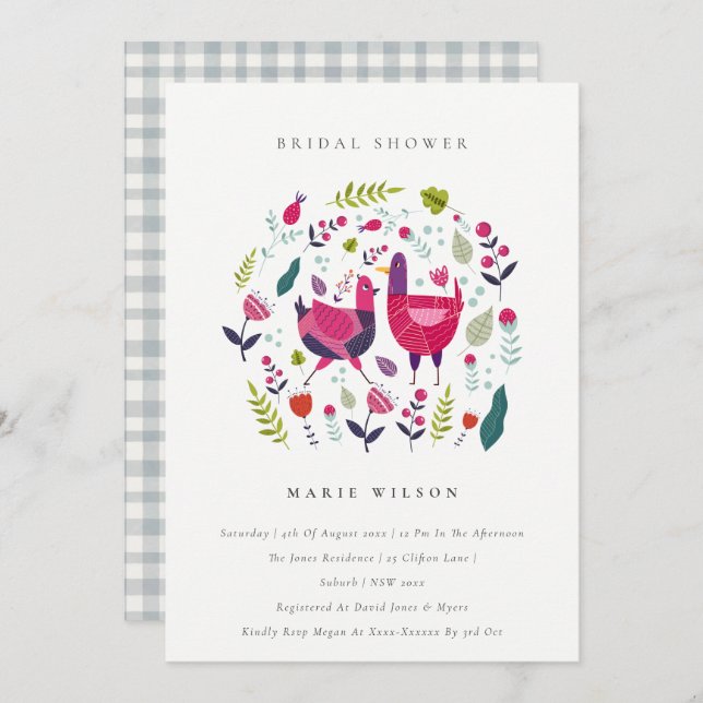 Blommigt Birds Möhippa Inbjudan i Bright Folkegrup (Fram/baksida)