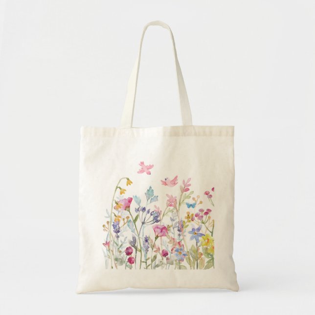 Blommigt Birds Tote Bag Tygkasse (Framsidan)