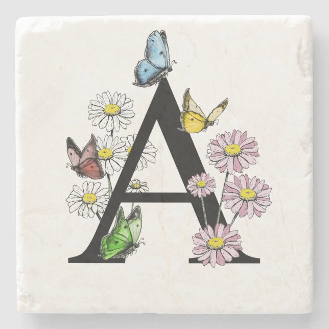 Blommigt Birthday Butterfly Monogram Brev A Stenunderlägg (Framsidan)