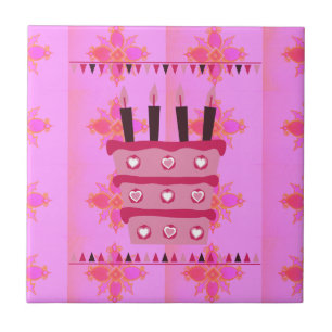 Blommigt Birthday Cake for her/Girls Art Print Kakelplatta