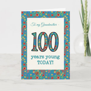 Blommigt Birthday Card 100 Years Young Grandmor Kort