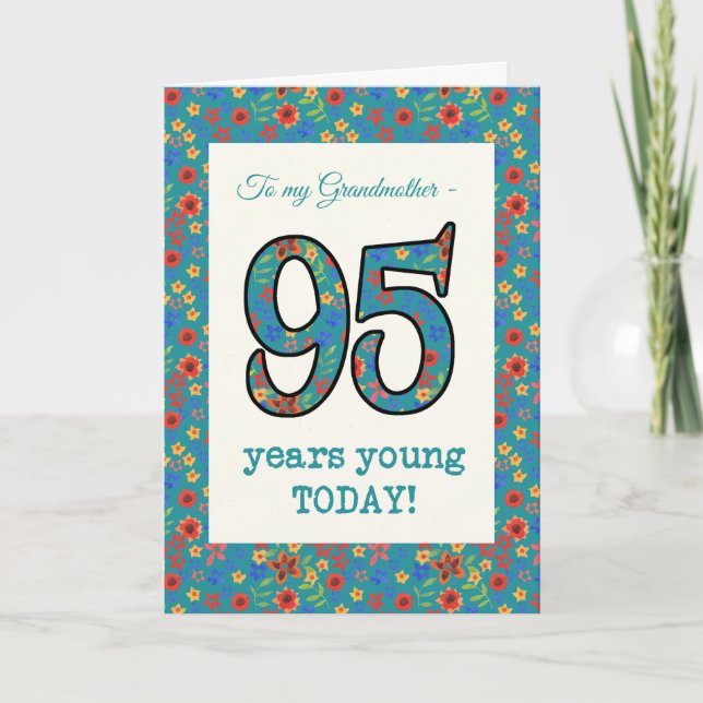 Blommigt Birthday Card 95 Years Young Grandmor Kort (Framsida)
