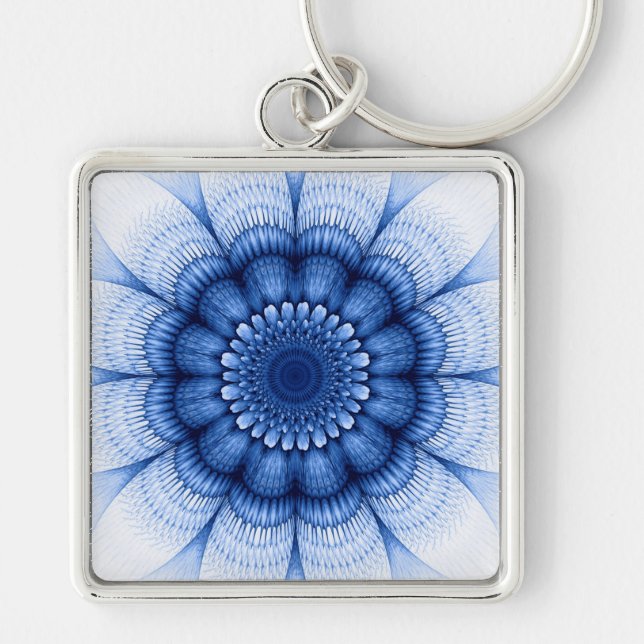 Blommigt blå mönster fyrkantig silverfärgad nyckelring (Framsidan)